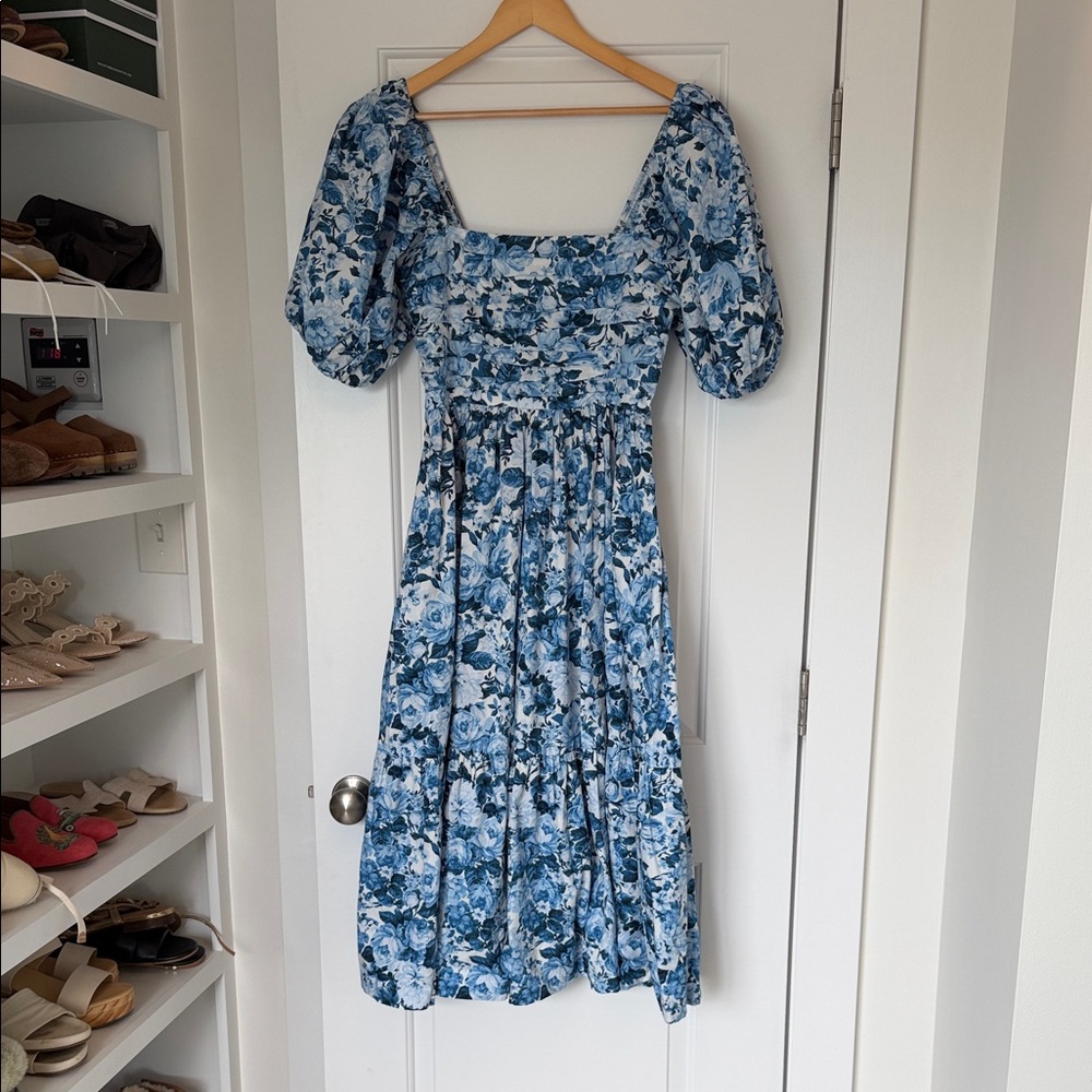 Abercrombie & Fitch Blue Floral Puff-Sleeve Midi Dress